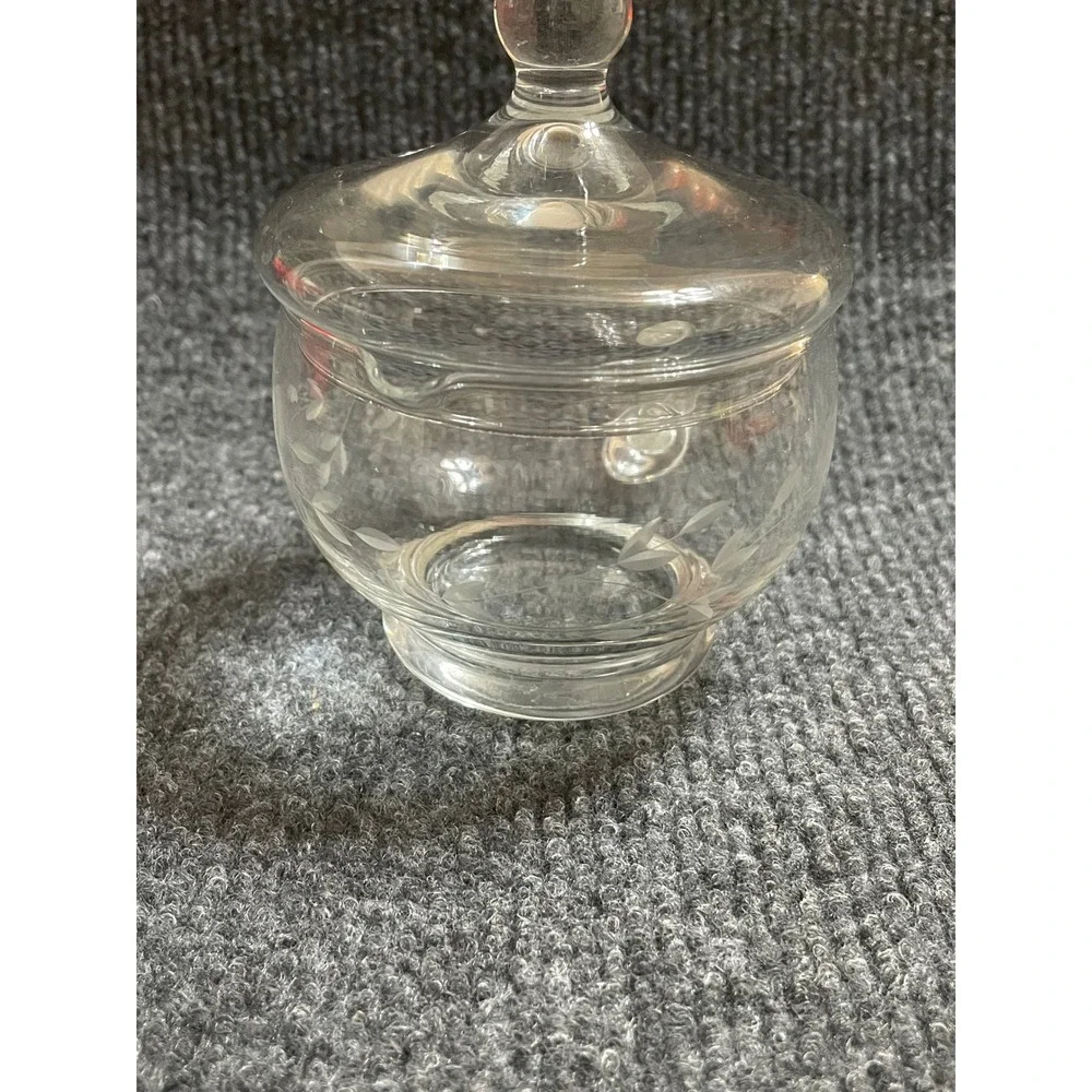 Vintage Etched Glass Jam Jar with Lid and Handle Clear Floral Condiment Server